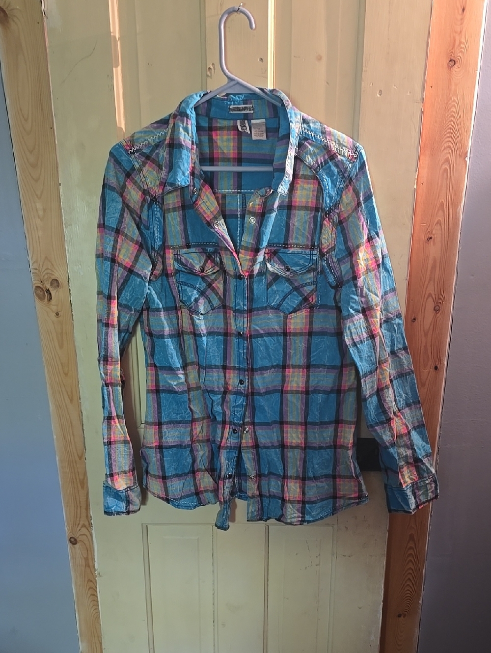 BKE Blue Plaid Button-Up Shirt with Pink and Yellow Accents